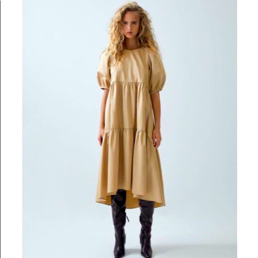 Zara Puff Sleeve Poplin Tiered Midi Dress Tan